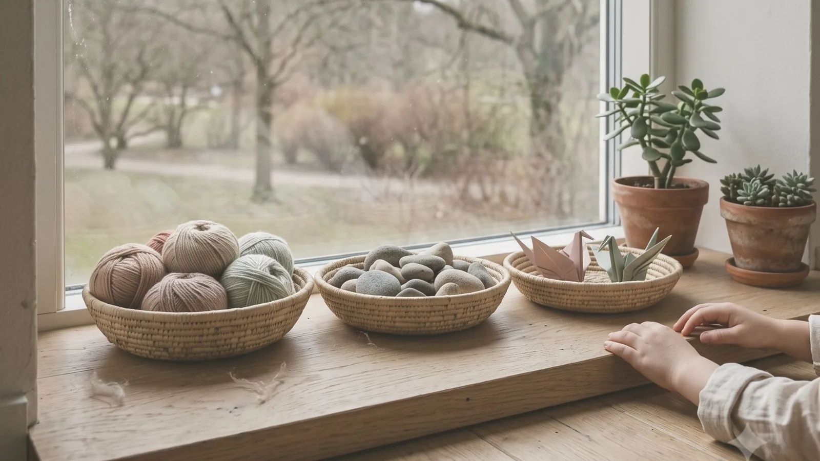 Aknalaual korvikesed lõngakerade, kivide ja origamilindudega